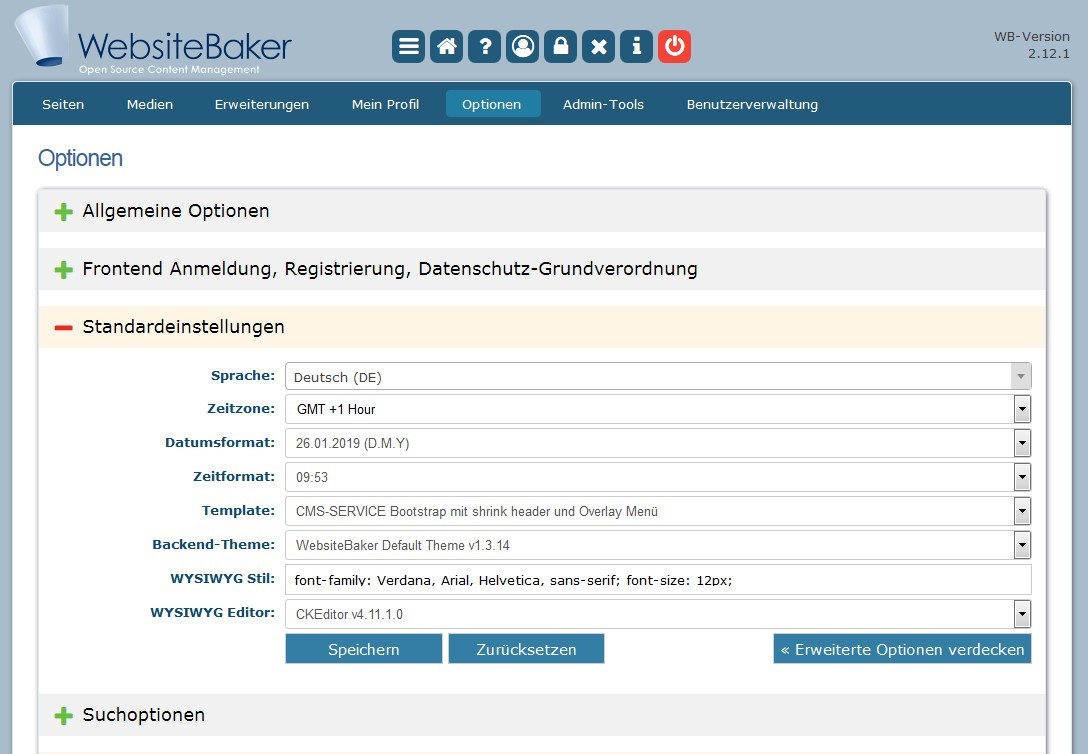 WB Optionen Standardeinstellungen