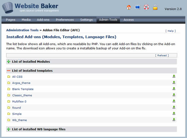 Website Baker Template Edit Module